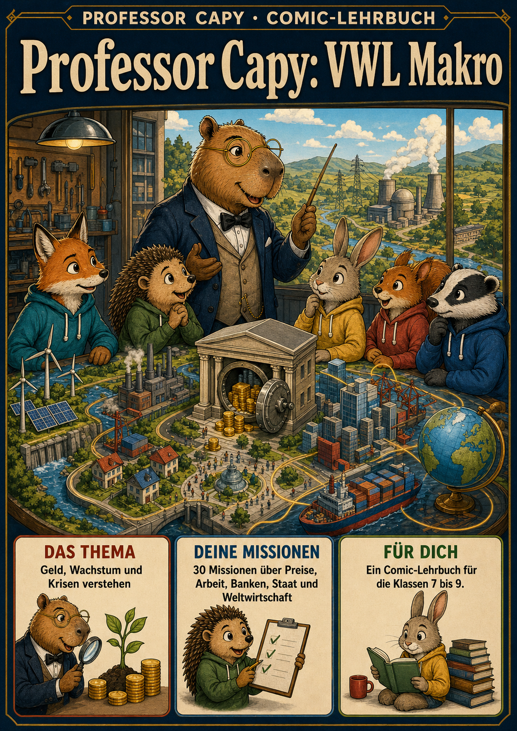 Cover des neuen Comic-Lehrbuchs Professor Capy: VWL Makro.