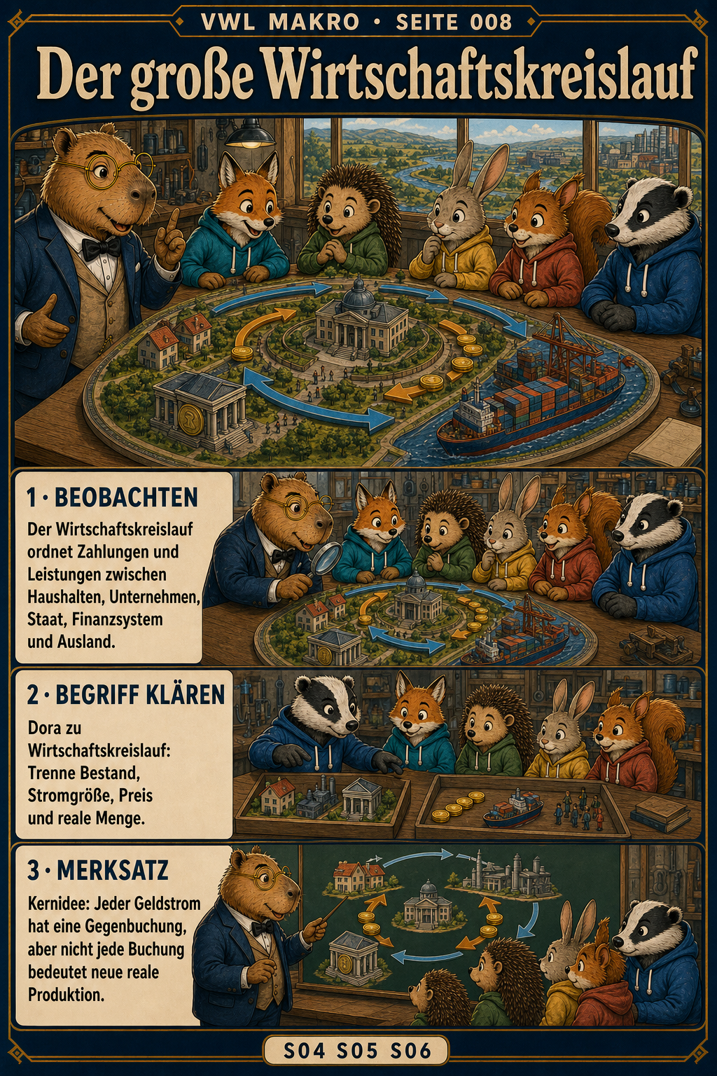 Comicseite 8: Die Tierklasse untersucht ein Modell des Wirtschaftskreislaufs.